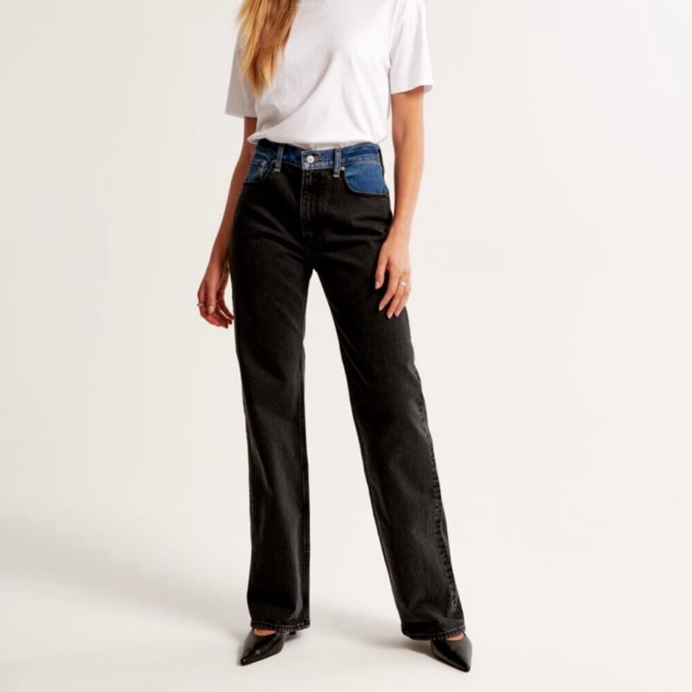 Abercrombie & Fitch The 90s Relaxed High Rise Two Tone Black Blue Flared Jeans​​